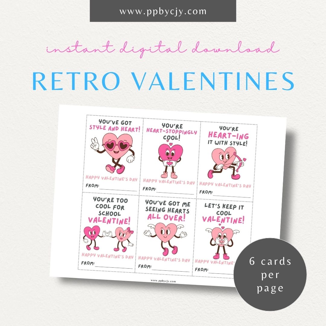 Retro heart-themed Valentine’s Day cards with colorful heart designs and vintage love quotes for a unique and nostalgic Valentine’s greeting.

