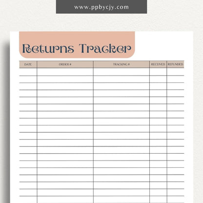 Business Returns Tracker Printable Template – Digital Download for Tracking Returns with sections for dates, reasons, and customer details.