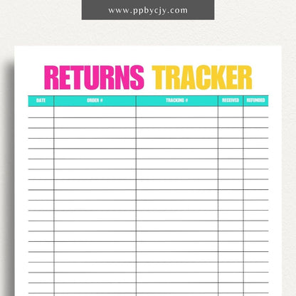 Business Returns Tracker Printable Template – Digital Download for Tracking Returns with sections for dates, reasons, and customer details.