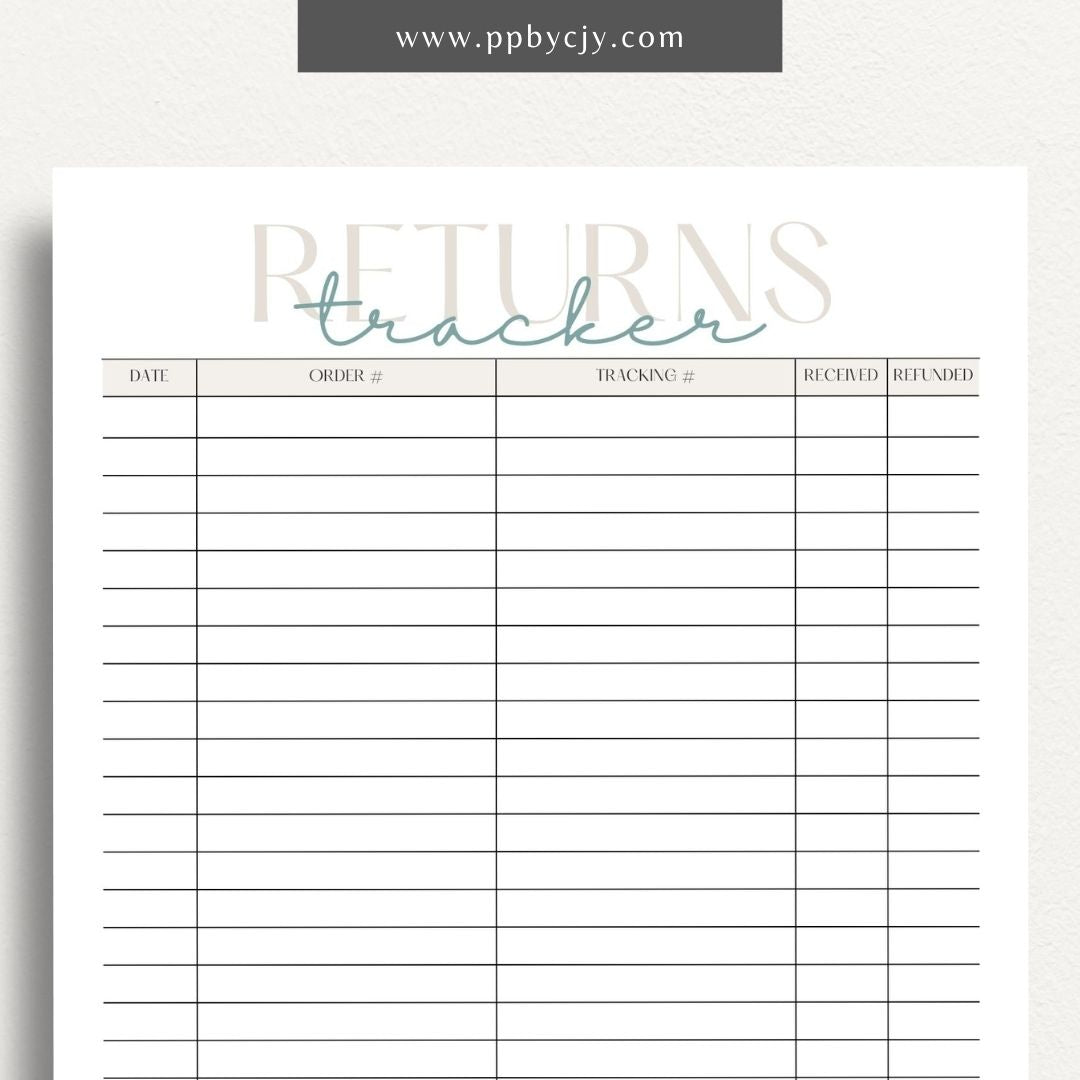 Business Returns Tracker Printable Template – Digital Download for Tracking Returns with sections for dates, reasons, and customer details.