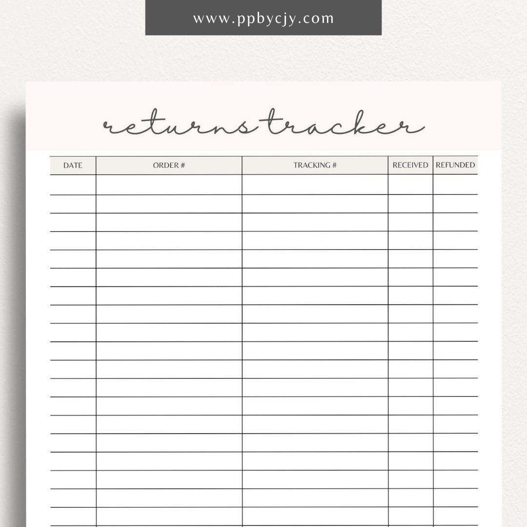 Business Returns Tracker Printable Template – Digital Download for Tracking Returns with sections for dates, reasons, and customer details.