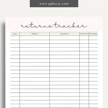Business Returns Tracker Printable Template – Digital Download for Tracking Returns with sections for dates, reasons, and customer details.