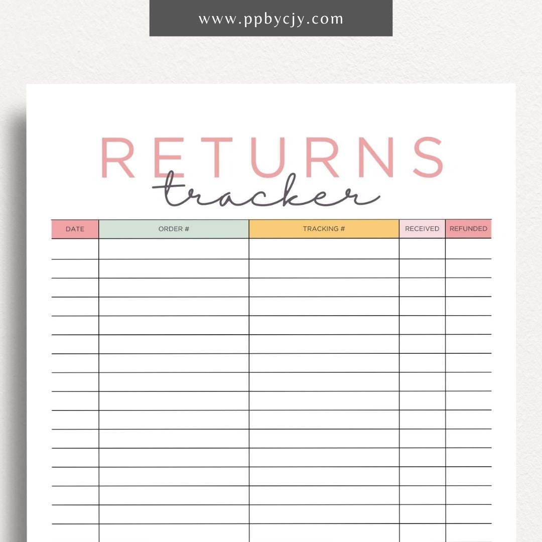 Business Returns Tracker Printable Template – Digital Download for Tracking Returns with sections for dates, reasons, and customer details.