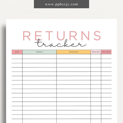 Business Returns Tracker Printable Template – Digital Download for Tracking Returns with sections for dates, reasons, and customer details.