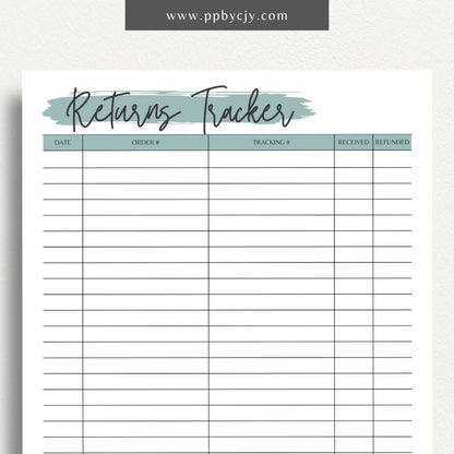 Business Returns Tracker Printable Template – Digital Download for Tracking Returns with sections for dates, reasons, and customer details.