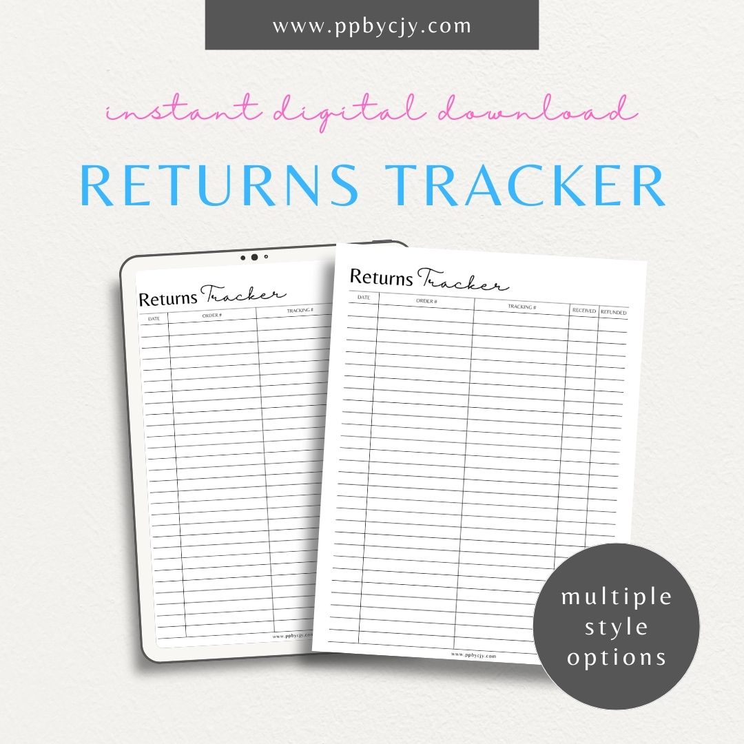 Business Returns Tracker Printable Template – Digital Download for Tracking Returns with sections for dates, reasons, and customer details.