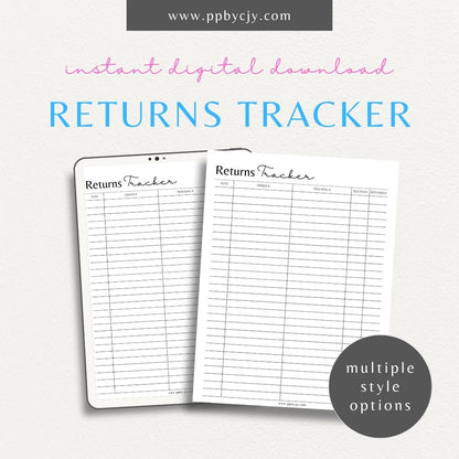 Business Returns Tracker Printable Template – Digital Download for Tracking Returns with sections for dates, reasons, and customer details.