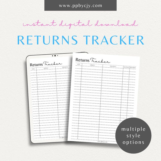 Business Returns Tracker Printable Template – Digital Download for Tracking Returns with sections for dates, reasons, and customer details.