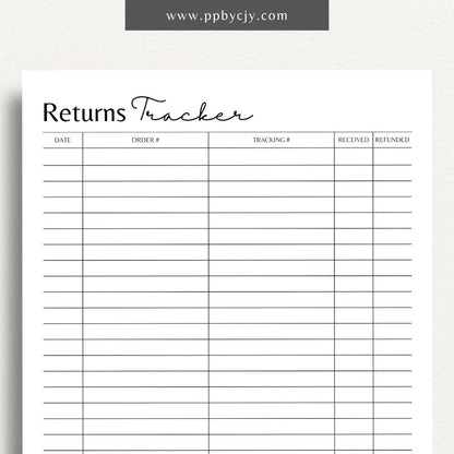 Business Returns Tracker Printable Template – Digital Download for Tracking Returns with sections for dates, reasons, and customer details.