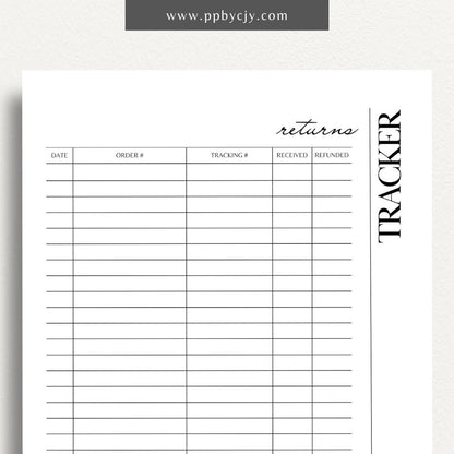Business Returns Tracker Printable Template – Digital Download for Tracking Returns with sections for dates, reasons, and customer details.