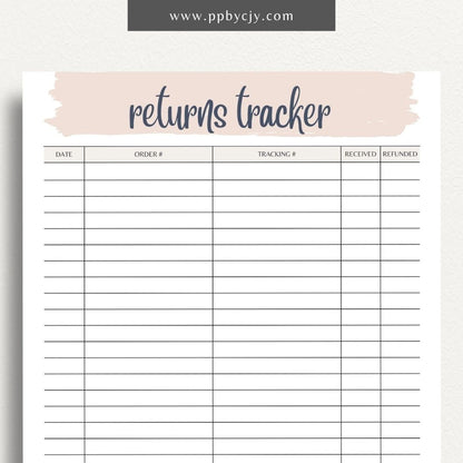 Business Returns Tracker Printable Template – Digital Download for Tracking Returns with sections for dates, reasons, and customer details.