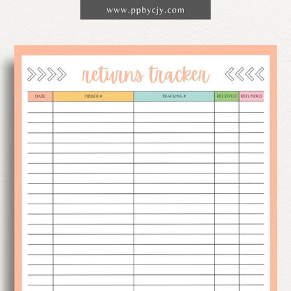 Business Returns Tracker Printable Template – Digital Download for Tracking Returns with sections for dates, reasons, and customer details.