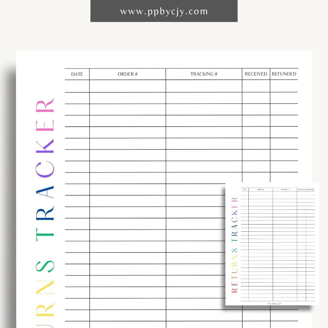 Business Returns Tracker Printable Template – Digital Download for Tracking Returns with sections for dates, reasons, and customer details.