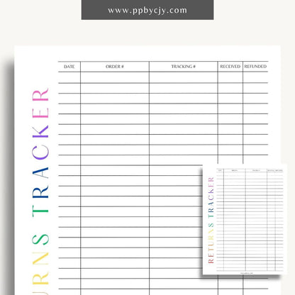 Business Returns Tracker Printable Template – Digital Download for Tracking Returns with sections for dates, reasons, and customer details.