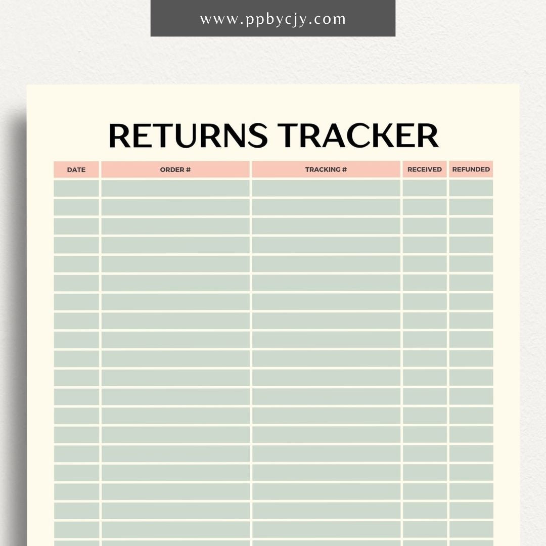 Business Returns Tracker Printable Template – Digital Download for Tracking Returns with sections for dates, reasons, and customer details.