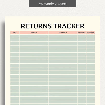 Business Returns Tracker Printable Template – Digital Download for Tracking Returns with sections for dates, reasons, and customer details.