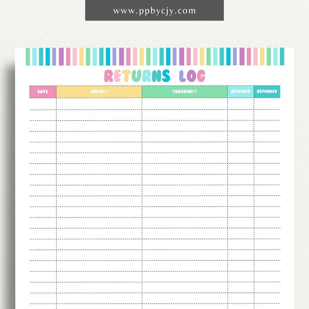 Business Returns Tracker Printable Template – Digital Download for Tracking Returns with sections for dates, reasons, and customer details.