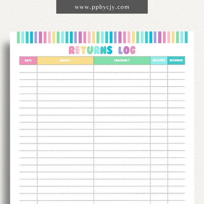 Business Returns Tracker Printable Template – Digital Download for Tracking Returns with sections for dates, reasons, and customer details.