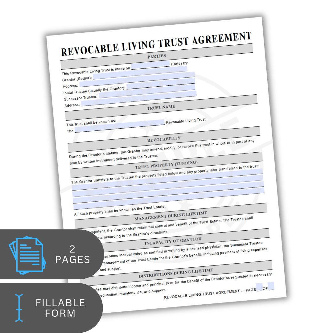 Revocable Living Trust Agreement form on a white background