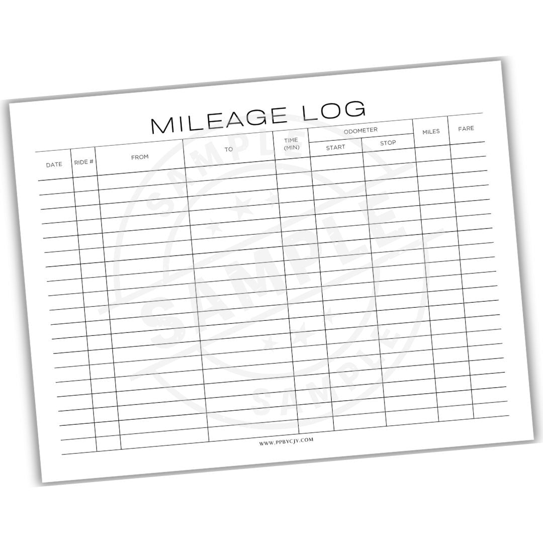 Mileage log sheet with columns for date, route, distance, time, and fare on a white background.
