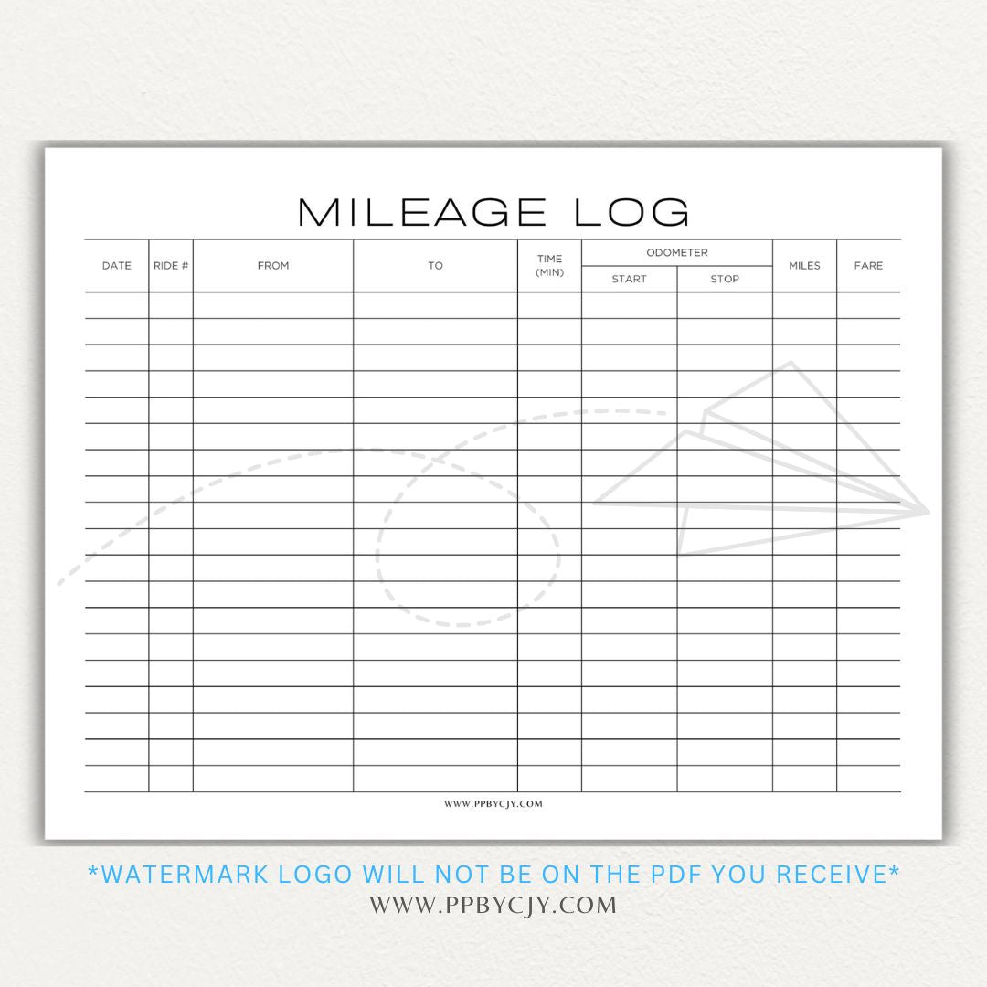 Rideshare Mileage Log Printable PDF Template for Uber, Lyft, and gig drivers to track miles, dates, and expenses for tax deductions.

