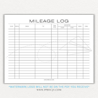 Rideshare Mileage Log Printable PDF Template for Uber, Lyft, and gig drivers to track miles, dates, and expenses for tax deductions.

