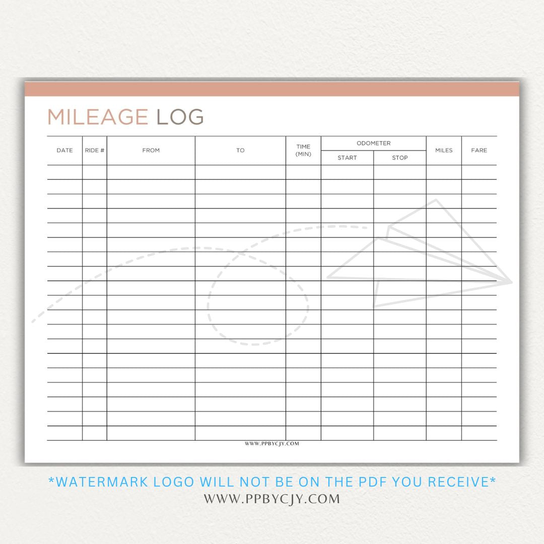 Rideshare Mileage Log Printable PDF Template for Uber, Lyft, and gig drivers to track miles, dates, and expenses for tax deductions.

