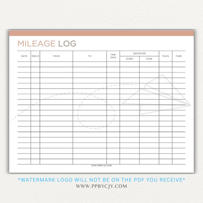 Rideshare Mileage Log Printable PDF Template for Uber, Lyft, and gig drivers to track miles, dates, and expenses for tax deductions.

