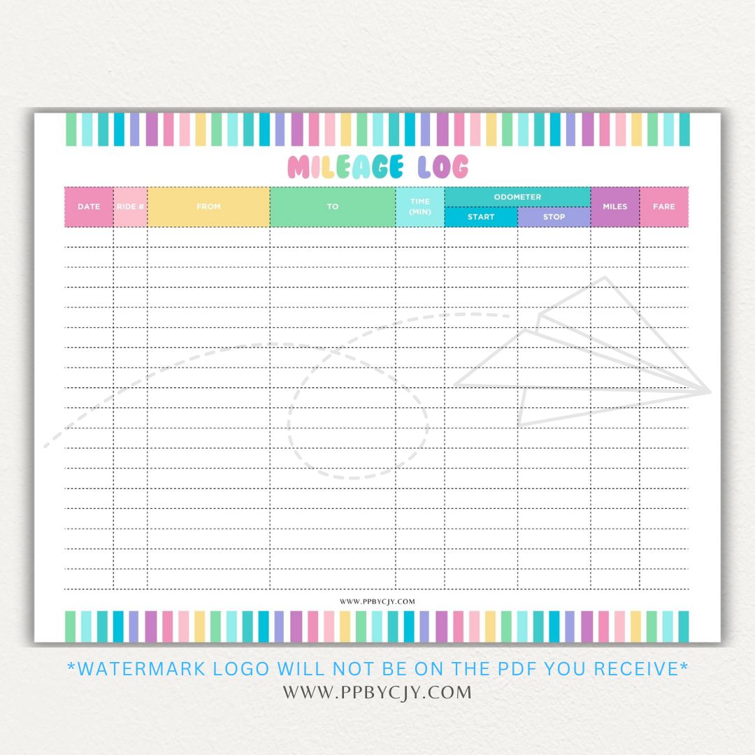 Rideshare Mileage Log Printable PDF Template for Uber, Lyft, and gig drivers to track miles, dates, and expenses for tax deductions.

