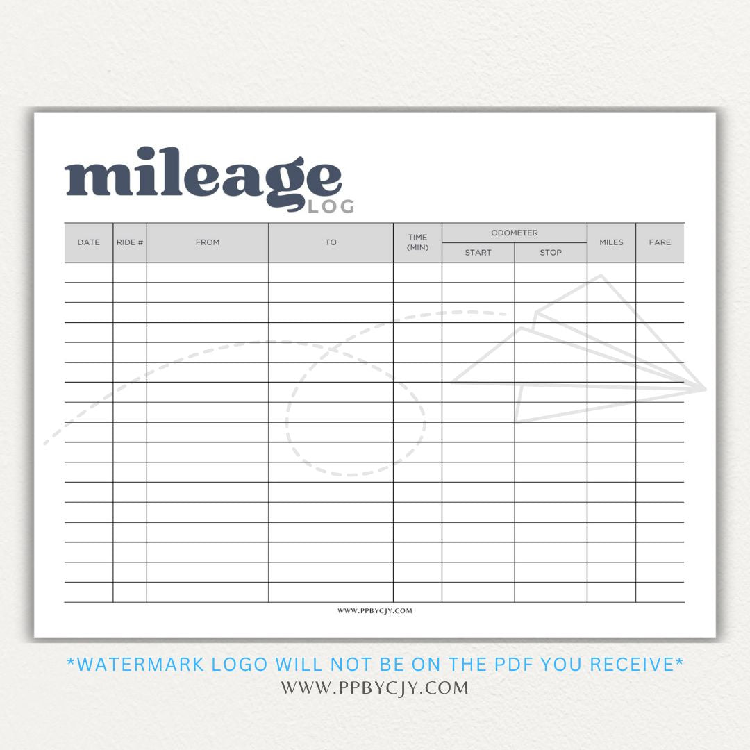 Rideshare Mileage Log Printable PDF Template for Uber, Lyft, and gig drivers to track miles, dates, and expenses for tax deductions.

