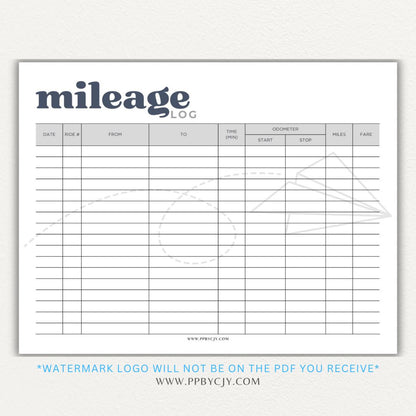 Rideshare Mileage Log Printable PDF Template for Uber, Lyft, and gig drivers to track miles, dates, and expenses for tax deductions.

