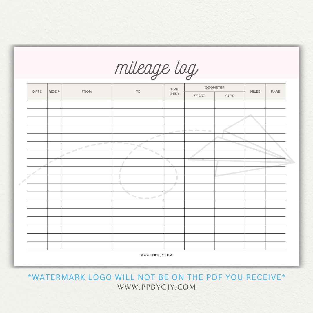 Rideshare Mileage Log Printable PDF Template for Uber, Lyft, and gig drivers to track miles, dates, and expenses for tax deductions.

