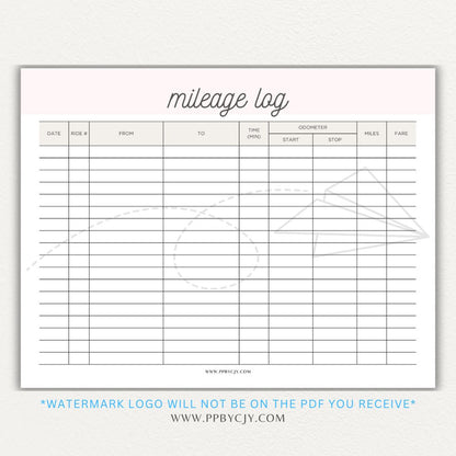 Rideshare Mileage Log Printable PDF Template for Uber, Lyft, and gig drivers to track miles, dates, and expenses for tax deductions.

