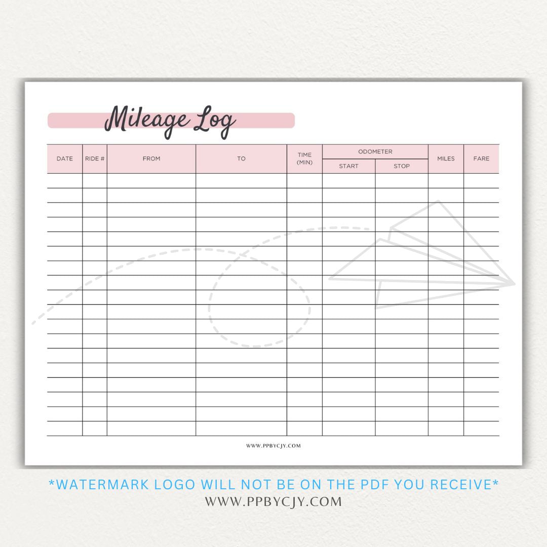 Rideshare Mileage Log Printable PDF Template for Uber, Lyft, and gig drivers to track miles, dates, and expenses for tax deductions.

