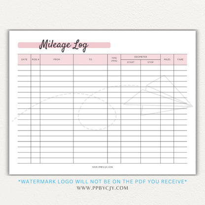 Rideshare Mileage Log Printable PDF Template for Uber, Lyft, and gig drivers to track miles, dates, and expenses for tax deductions.

