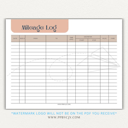 Rideshare Mileage Log Printable PDF Template for Uber, Lyft, and gig drivers to track miles, dates, and expenses for tax deductions.

