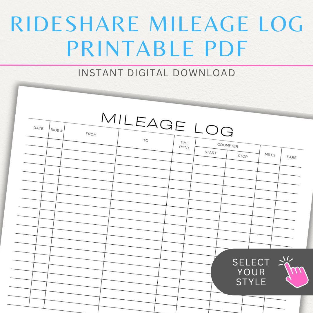 Rideshare Mileage Log Printable PDF Template for Uber, Lyft, and gig drivers to track miles, dates, and expenses for tax deductions.

