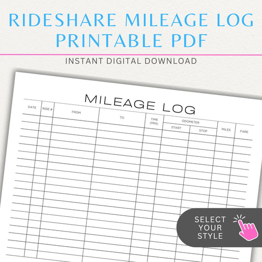 Rideshare Mileage Log Printable PDF Template for Uber, Lyft, and gig drivers to track miles, dates, and expenses for tax deductions.

