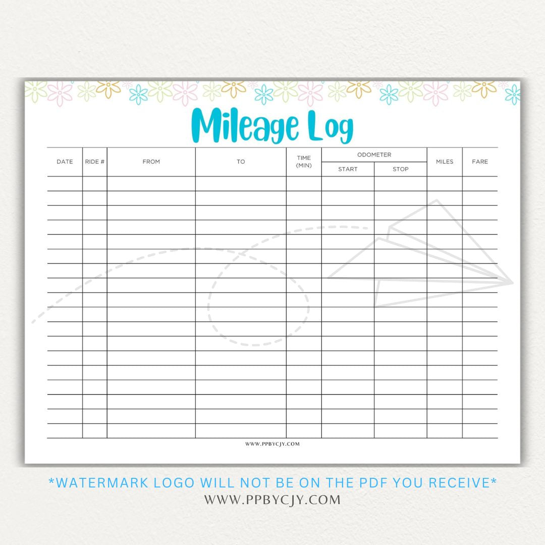 Rideshare Mileage Log Printable PDF Template for Uber, Lyft, and gig drivers to track miles, dates, and expenses for tax deductions.

