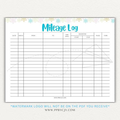 Rideshare Mileage Log Printable PDF Template for Uber, Lyft, and gig drivers to track miles, dates, and expenses for tax deductions.

