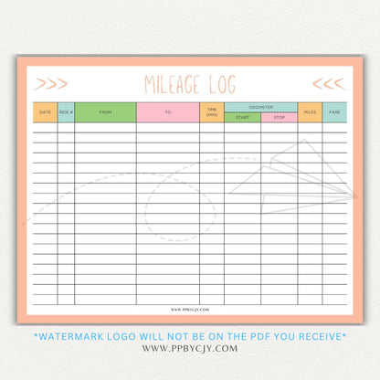 Rideshare Mileage Log Printable PDF Template for Uber, Lyft, and gig drivers to track miles, dates, and expenses for tax deductions.

