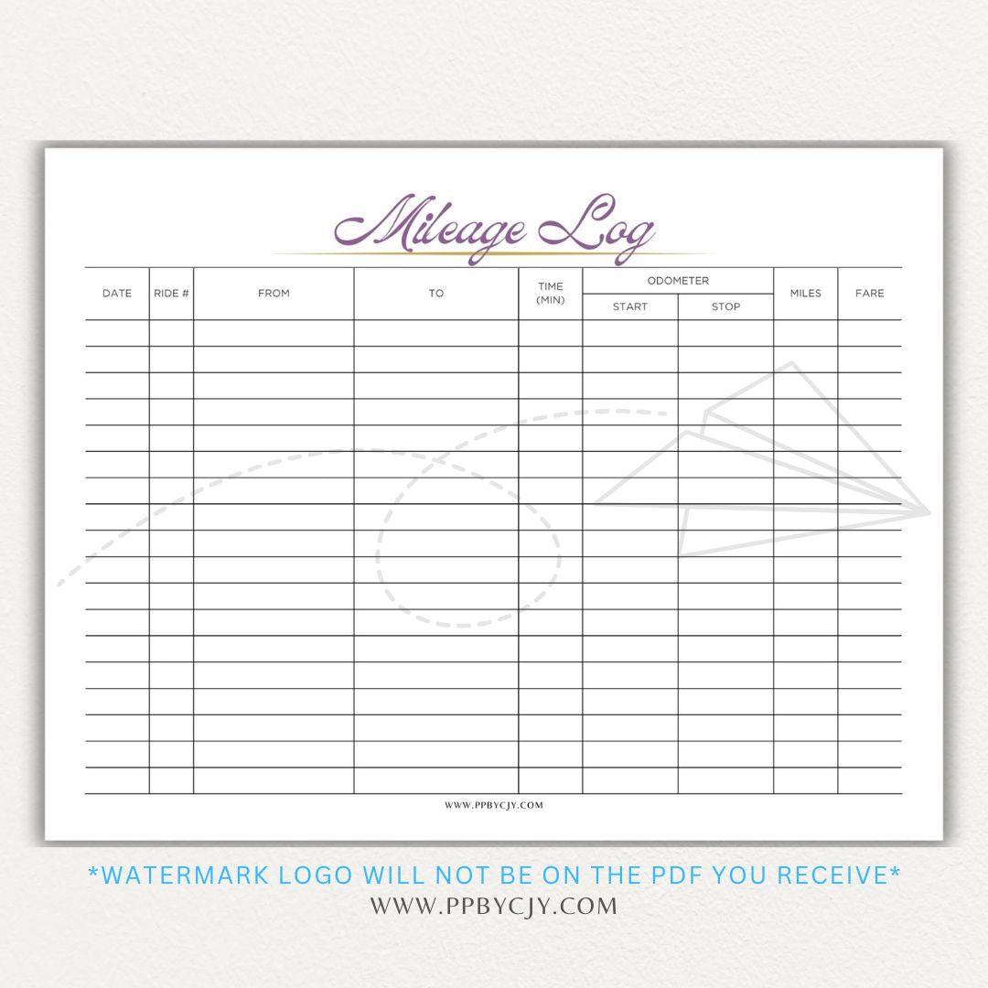 Rideshare Mileage Log Printable PDF Template for Uber, Lyft, and gig drivers to track miles, dates, and expenses for tax deductions.

