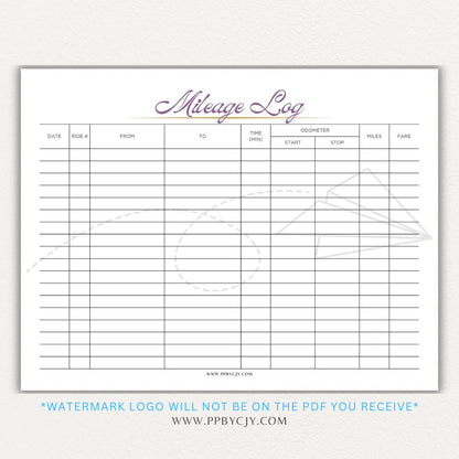 Rideshare Mileage Log Printable PDF Template for Uber, Lyft, and gig drivers to track miles, dates, and expenses for tax deductions.

