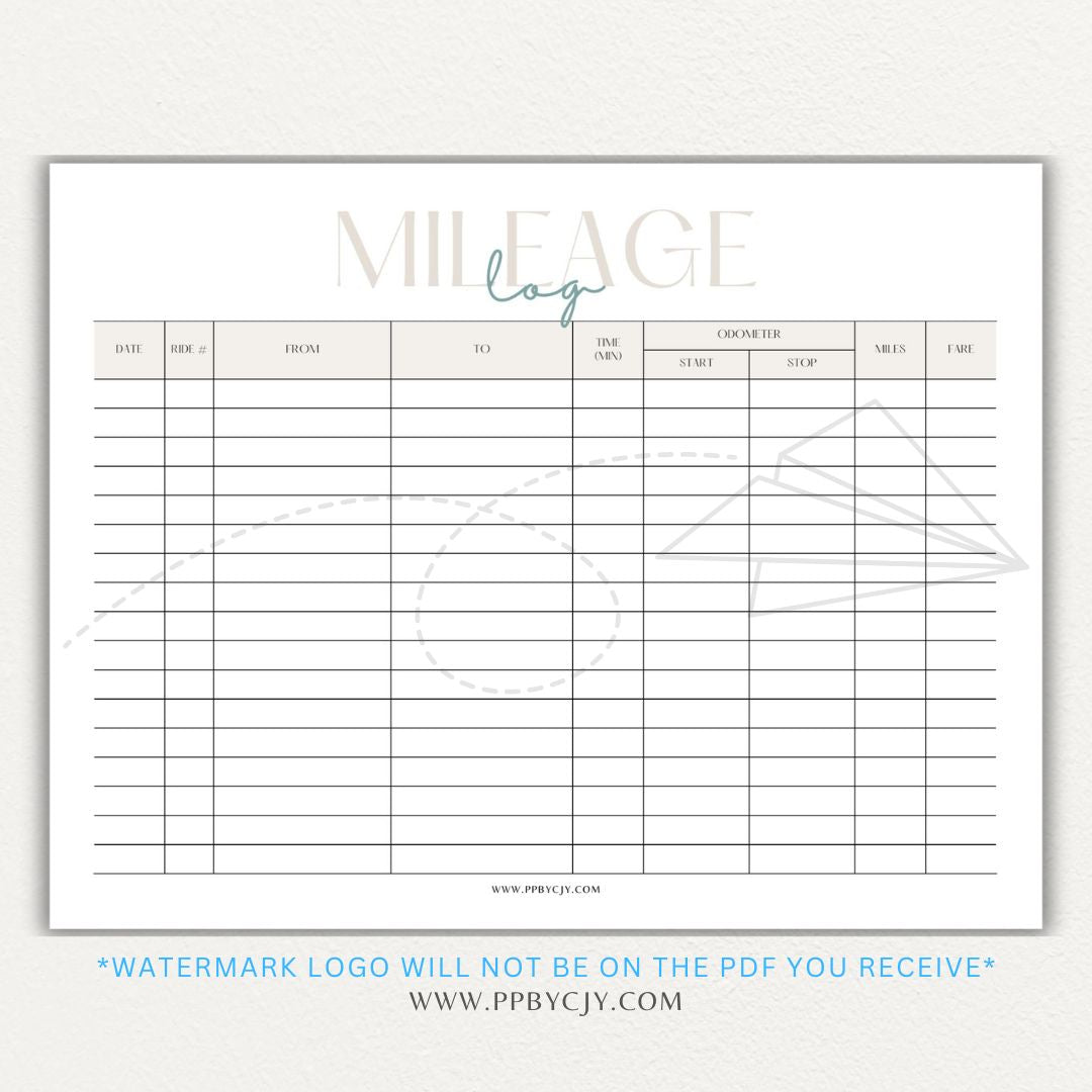 Rideshare Mileage Log Printable PDF Template for Uber, Lyft, and gig drivers to track miles, dates, and expenses for tax deductions.

