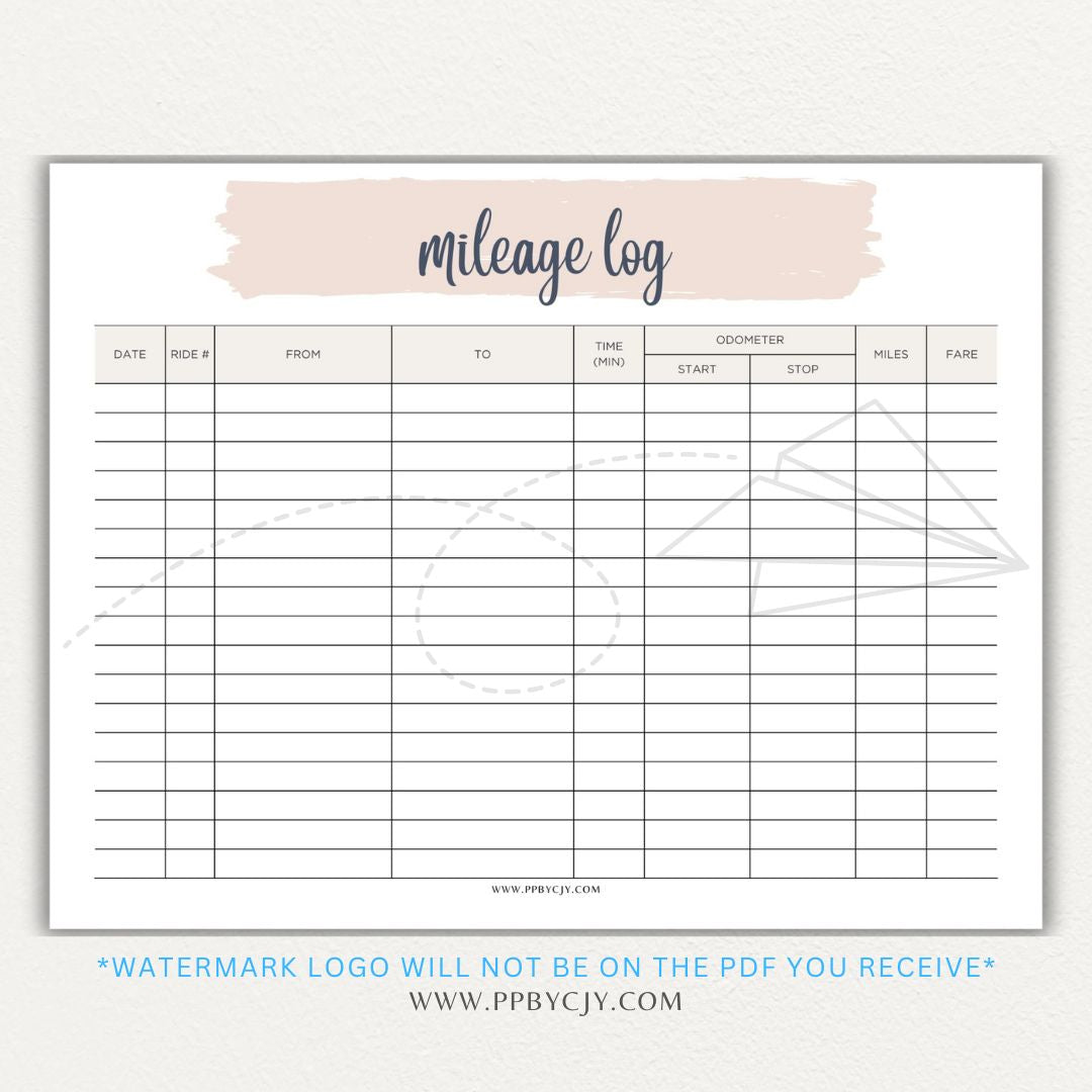 Rideshare Mileage Log Printable PDF Template for Uber, Lyft, and gig drivers to track miles, dates, and expenses for tax deductions.

