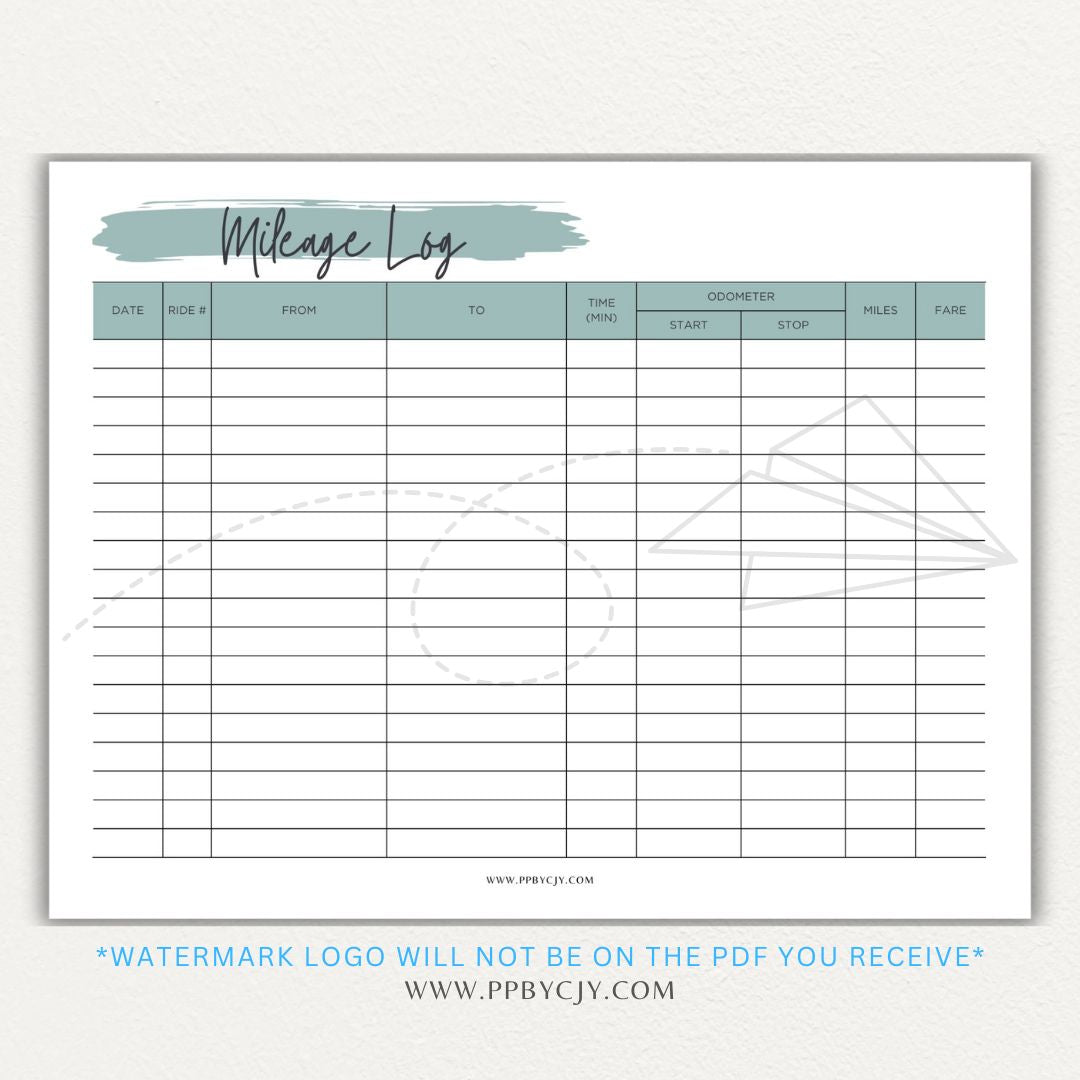 Rideshare Mileage Log Printable PDF Template for Uber, Lyft, and gig drivers to track miles, dates, and expenses for tax deductions.

