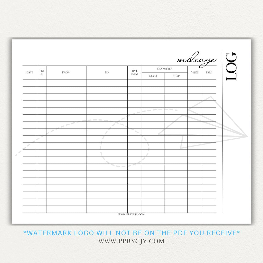 Rideshare Mileage Log Printable PDF Template for Uber, Lyft, and gig drivers to track miles, dates, and expenses for tax deductions.

