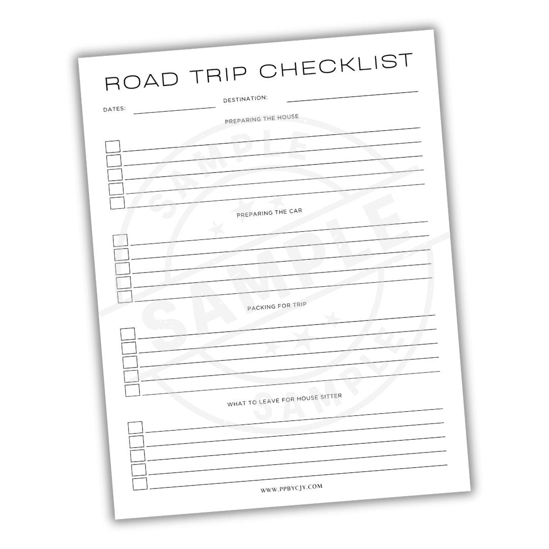 Road trip checklist with checkboxes on a white background