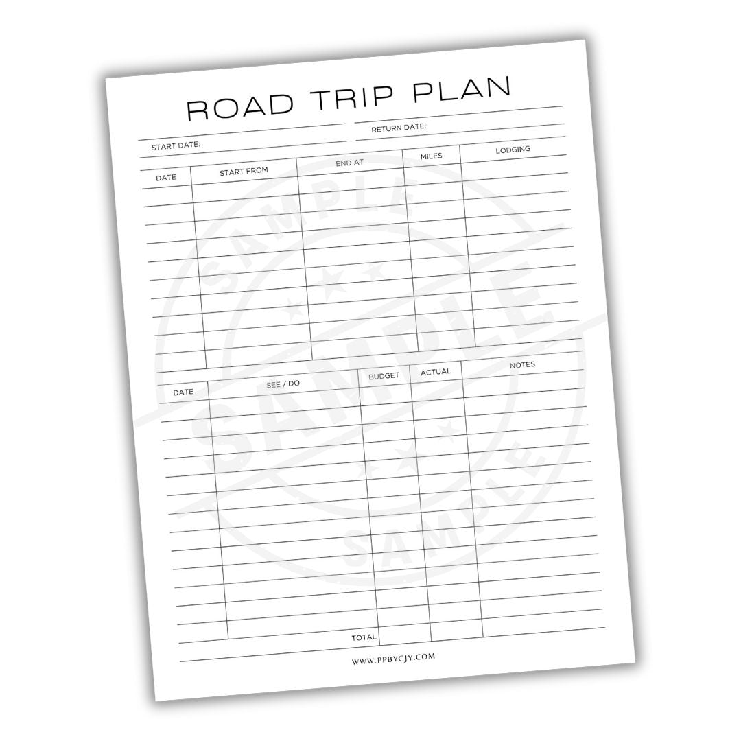 Road trip plan document with columns for date, start from, end at, miles, lodging, and notes.