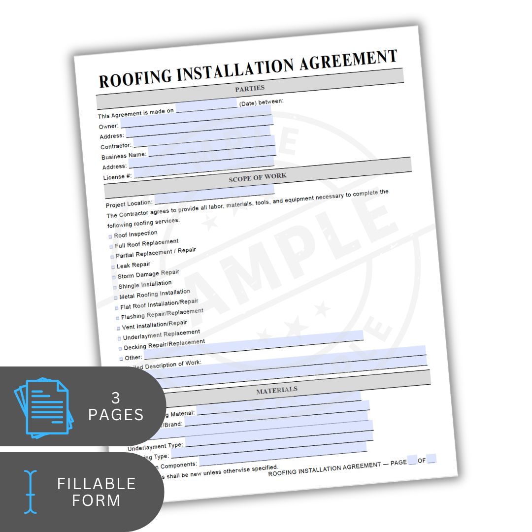 Roofing installation agreement form with fillable text on a white background